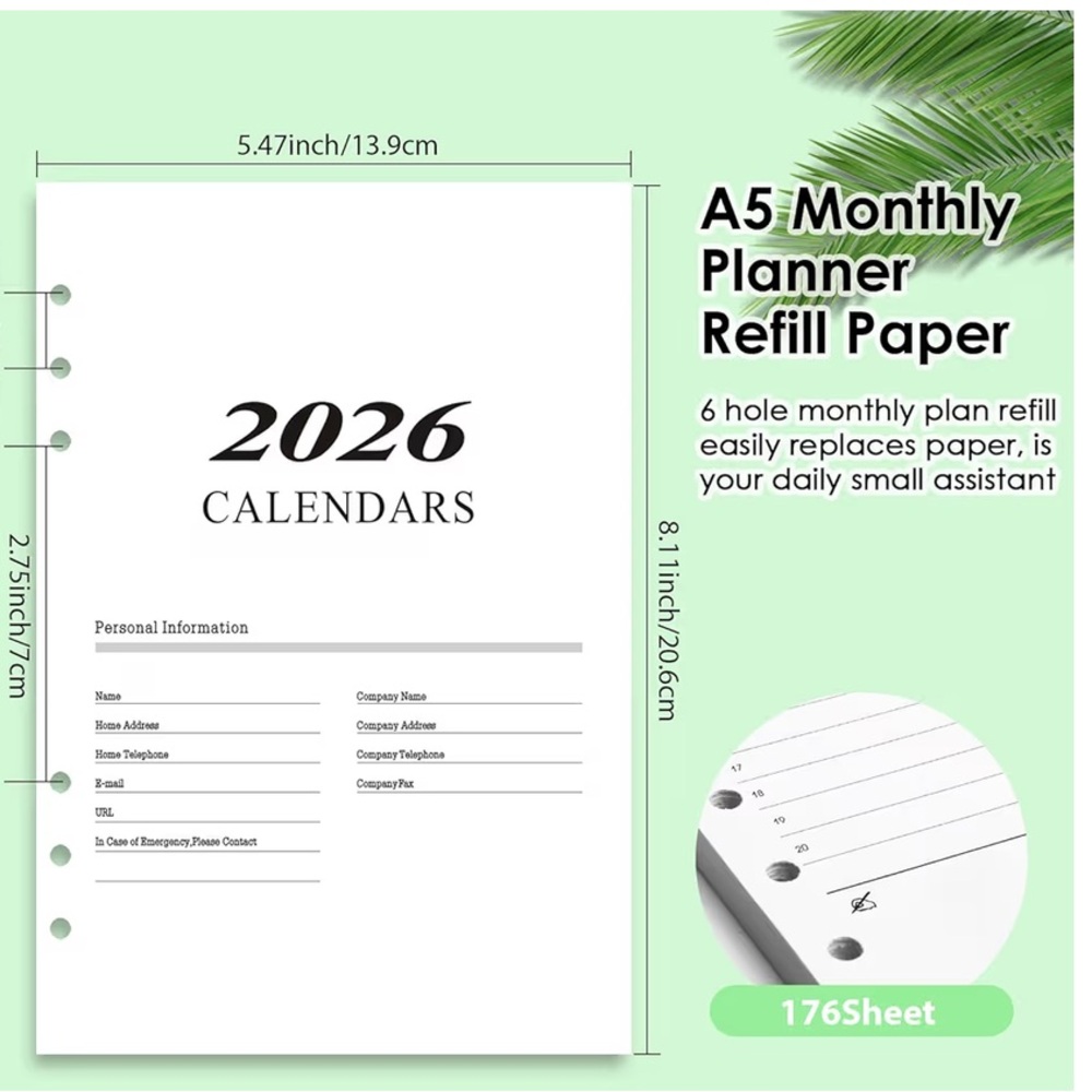 2026 A5 Monthly Planner Refill Paper - White
